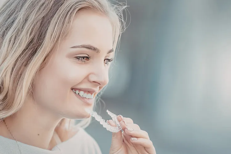 Woman inserting clear aligners to straighten teeth and improve long-term oral health through modern orthodontic treatment.